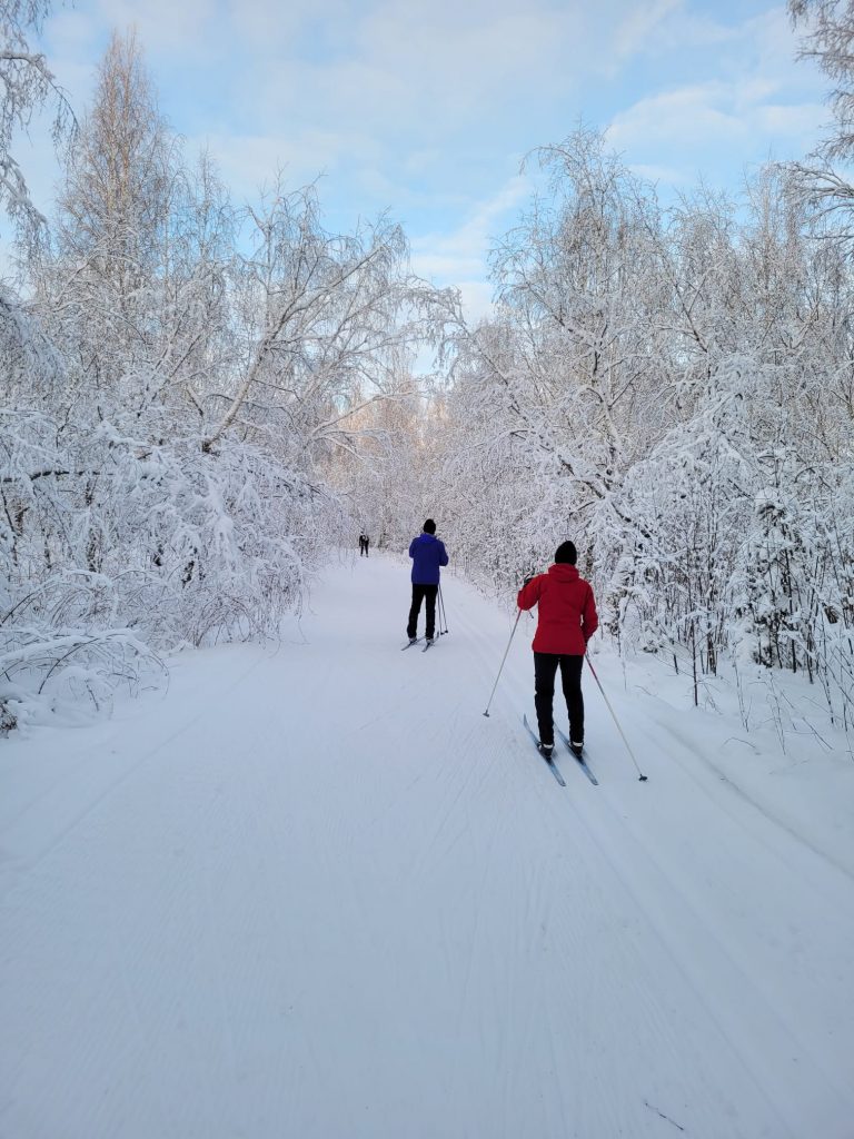 Esquiadores disfrutando de una pendiente nevada en Finlandia.